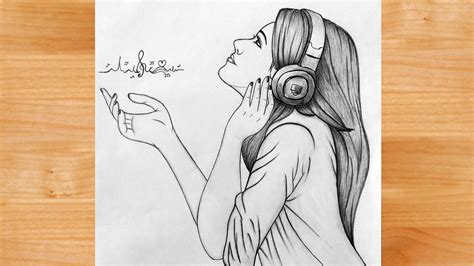 How To Draw A Girl In Headphone Listening Music Step By Step