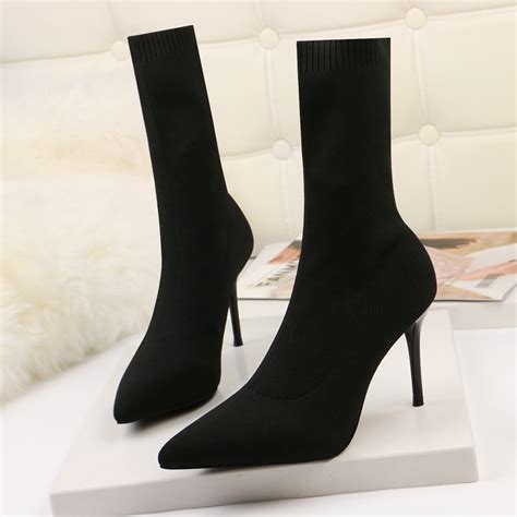 Teahoo 2019 Black Knitting Women Sock Boots Stretch Fabric Slip On