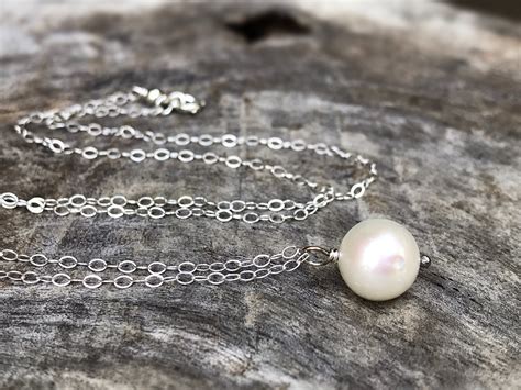 Silver Single Pearl Pendant Necklace Solid Sterling Silver Ivory White Round Freshwater