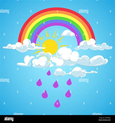 Vector rainbow and clouds with falling rain blue sky. Weather rain and
