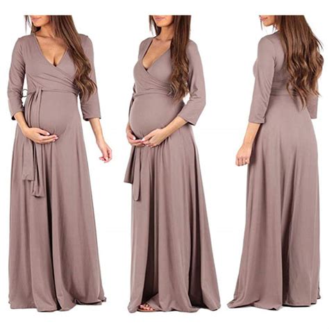 2020 Autumn Long Dresses Maternity Clothes For Pregnant Women Dress Solid V Neck Pregnancy