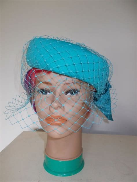Vintage Pill Box Hat 80s Turquoise Blue Hat With Birdcage Veil And