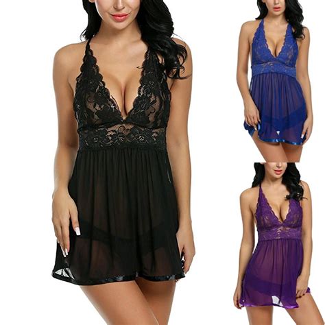 Women Deep V Nightgown Sexy Lace Lingerie G Sting Stitching Halter Tape Back Open Nightgowns
