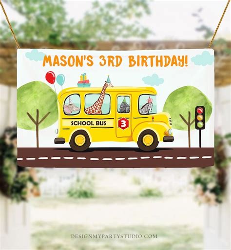 Editable Wheels On The Bus Backdrop Banner School Bus Birthday Boy