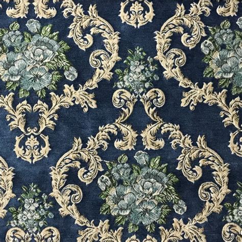 Grenada Damask Navy Blue Silver Upholstery Fabric By The Yard Etsy