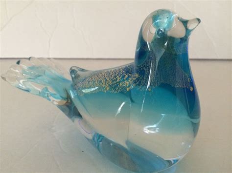 Vtg Murano Italy Art Glass Bird Paperweight Figurine Clear Blue Gold Aventurine Glass Art