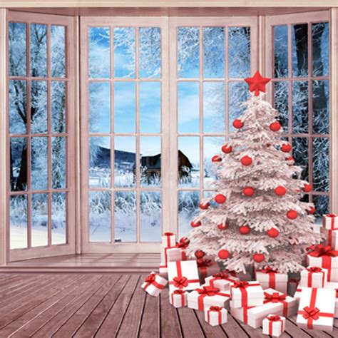 Snow Tree Red Ball Wood Floor Window Winter Snowy World Christmas