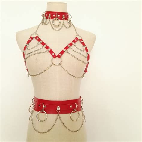 women punk harness red leather handmade bondage female harajuku chest belt waistband waist belt