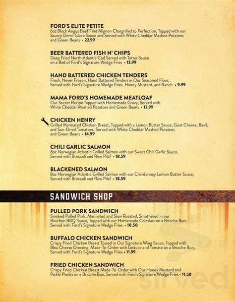 Fords Garage Menu In Fort Myers Florida Usa