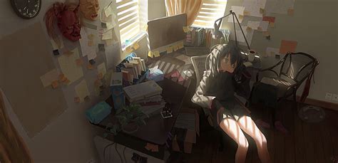 Hd Wallpaper Anime Girls Anime Gamers Room Interior Sitting