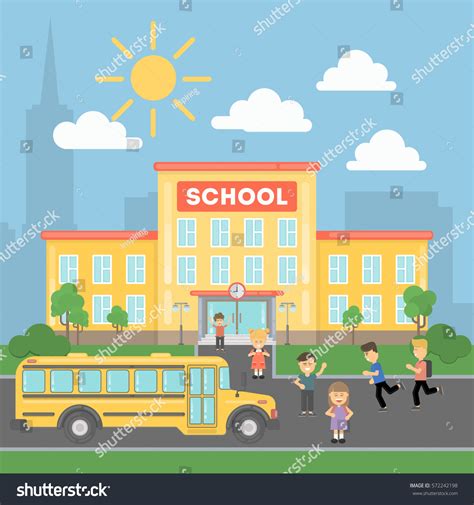 School Children Yellow Bus Landscape School Stock Vector Royalty Free