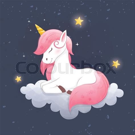 Cute Unicorn Sleep On Cloud Night Stock Vector Colourbox