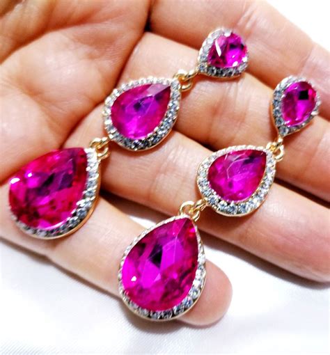 Hot Pink Teardrop Chandelier Earrings Rhinestone 2 5 In Long Pageant