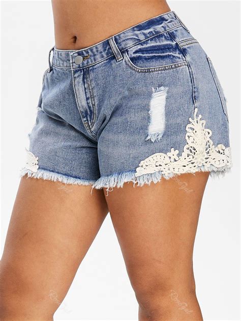 Plus Size Ripped Contrast Lace Frayed Denim Shorts Off Rosegal