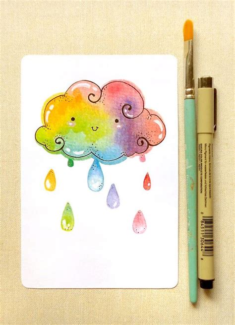 Rainbow Cloud Raindrops Illustration Print Cute And Kawaii Whimsical