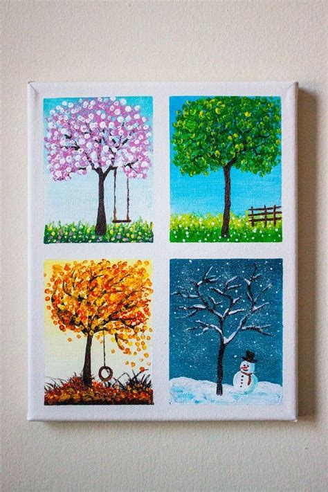 Four Seasons Tree Painting Canvas Nature Art Painting Mini Canvas Art