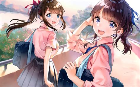 Download 2880x1800 Anime School Girls Happy Brown Hair Walking Wallpapers For Macbook Pro 15