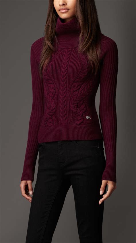 Burberry Cable Knit Polo Neck Sweater In Red Burgundy Lyst
