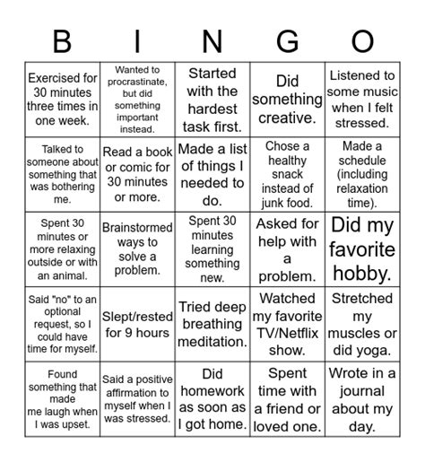 Stress Management Bingo Card