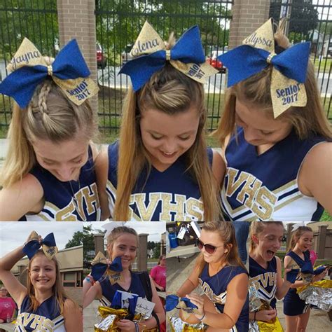 Gorgeous, handmade set of 3 bows. Blue and gold glitter cheerbows | Cheer bows, Cheerleading ...