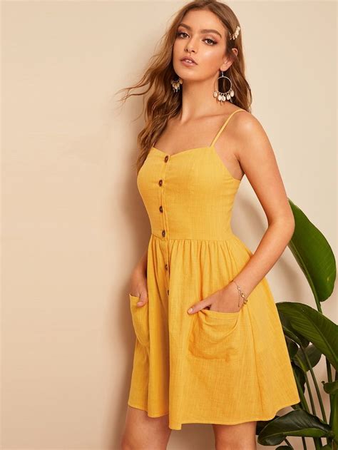 Shein Pocket Patch Button Front Shirred Slip Dress Yellow Dress Casual Casual Summer Dresses