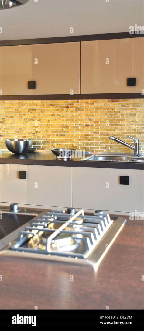 Interior Of Luxurious Modern Kitchen Equipment Brown And Beige