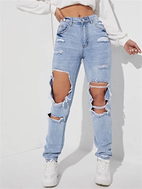 Ripped Detail Straight Leg Jeans Cute Ripped Jeans Teens Fashion Jeans Girls Ripped Jeans