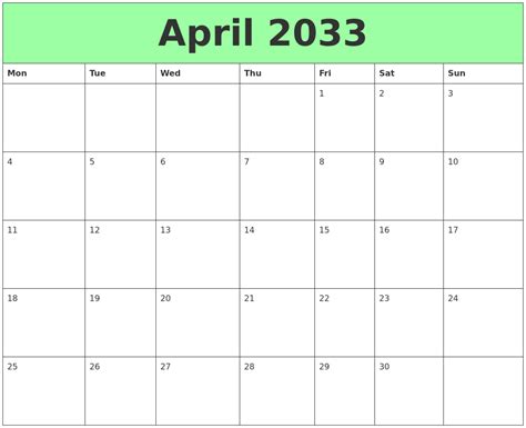 April 2033 Printable Calendars