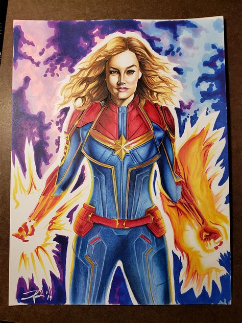 Drawing Of Captain Marvel 9 X 12 Marker And Colored Pencil On