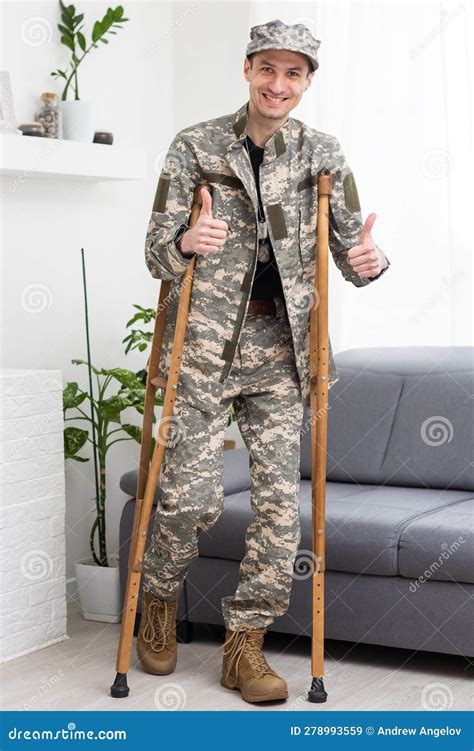 Military Wounded Soldier Using Crutch Stock Image Image Of Medical