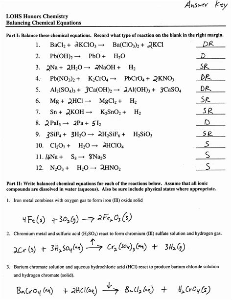 Chemical reactions can be described by chemical equations. Balancing Chemical Equations Worksheet 1 Answer Key