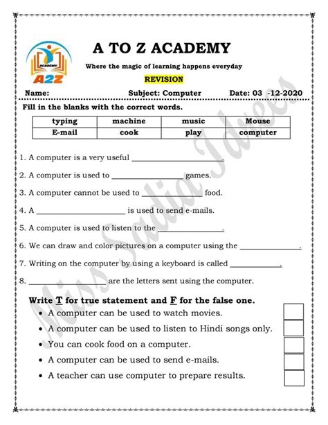 ️computer Worksheets For Grade 1 Free Download