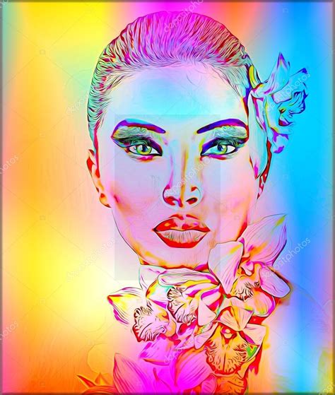 Beautiful Girl With Orchid Flowers Abstract Digital Art Of Floral And