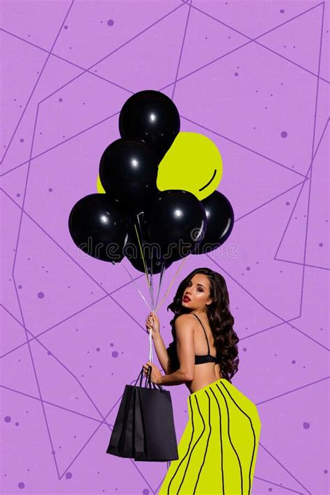 Vertical Collage Of Hot Pretty Girl Hold Air Balloons Shopping Bags