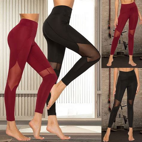 Women Fashion Solid Color Yoga Pants Slim Elastic Pants Knee Mesh Splice High Waist Leggings