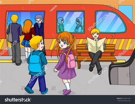 Cartoon Illustration Two Kids Subway Station Stock Illustration