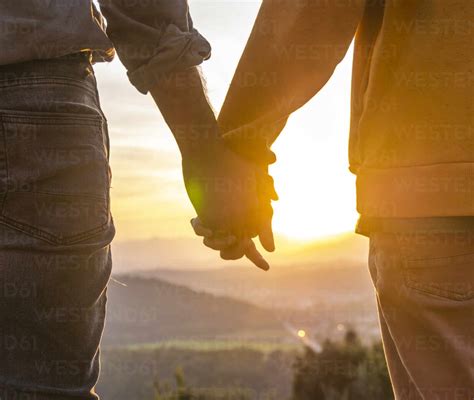 Back View Of Crop Anonymous Gay Couple Holding Hands While Standing On Hill And Admiring Sunset