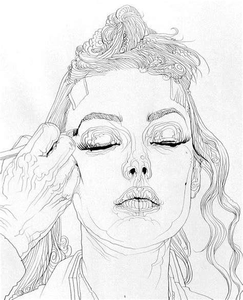 A Black And White Drawing Of A Woman Holding Her Head To Her Eye With