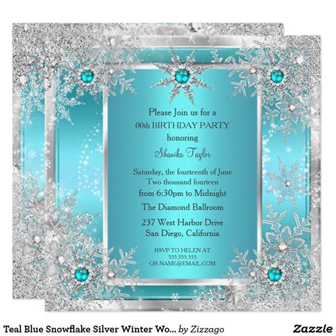 Teal Blue Snowflake Silver Winter Wonderland Invitation