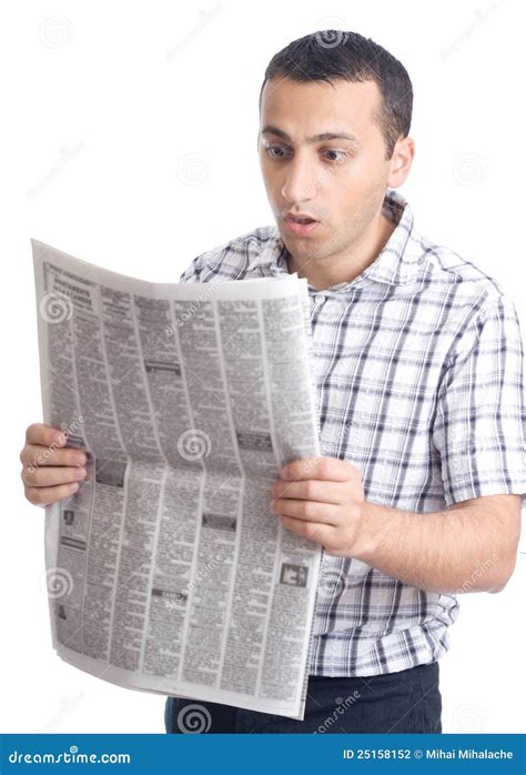 Young Man Reading Newspaper Stock Photo Image Of Standing Isolation