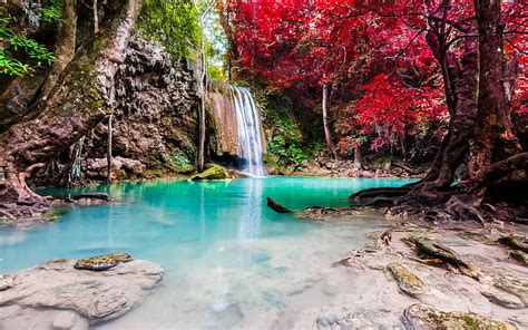 Waterfall Rainforest Red Trees Thailand Blue Lake Red Leaves Hd