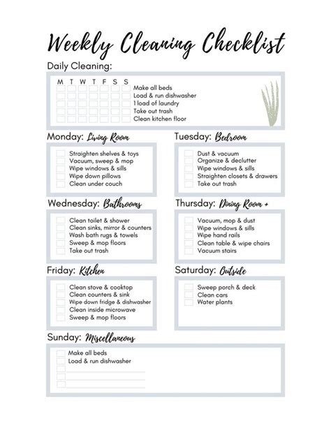 Personalized Weekly Cleaning Checklist Printable Cleaning Etsy