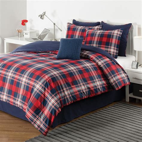 White Red Navy Blue Plaid Comforter Twin Set Cozy Warm Cabin Themed