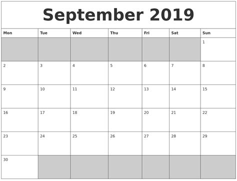 September 2019 Blank Printable Calendar