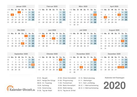 Kalender 2020 Mit Feiertagen