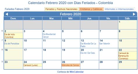 Calendario Febrero 2020 Para Imprimir Colombia