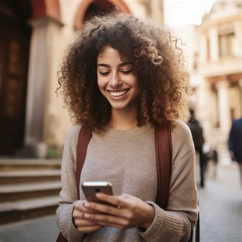 premium ai image a woman with curly hair is looking at her phone