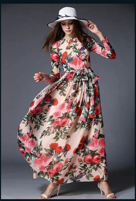 Vestido Longo Florido Com Manga Floral Print Maxi Dress Casual Casual Silk Dresses Boho