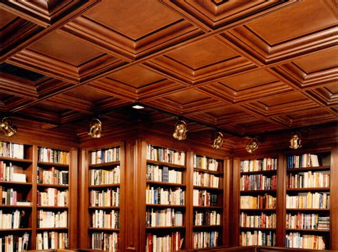 Den Coffer Ceiling In Knotty Pine With Fireplace Woodgrid Coffered