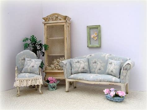 Dollhouse Miniature Shabby Cottage Sofa And Armchair In Teal Мебель